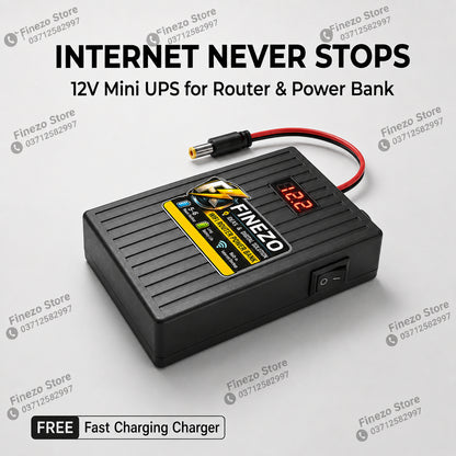 Finezo 12V WiFi Router Power Bank by Afraz – Portable Mini UPS with LED Digital Voltage Display | 5-6 Hours Battery Backup for Uninterrupted Internet