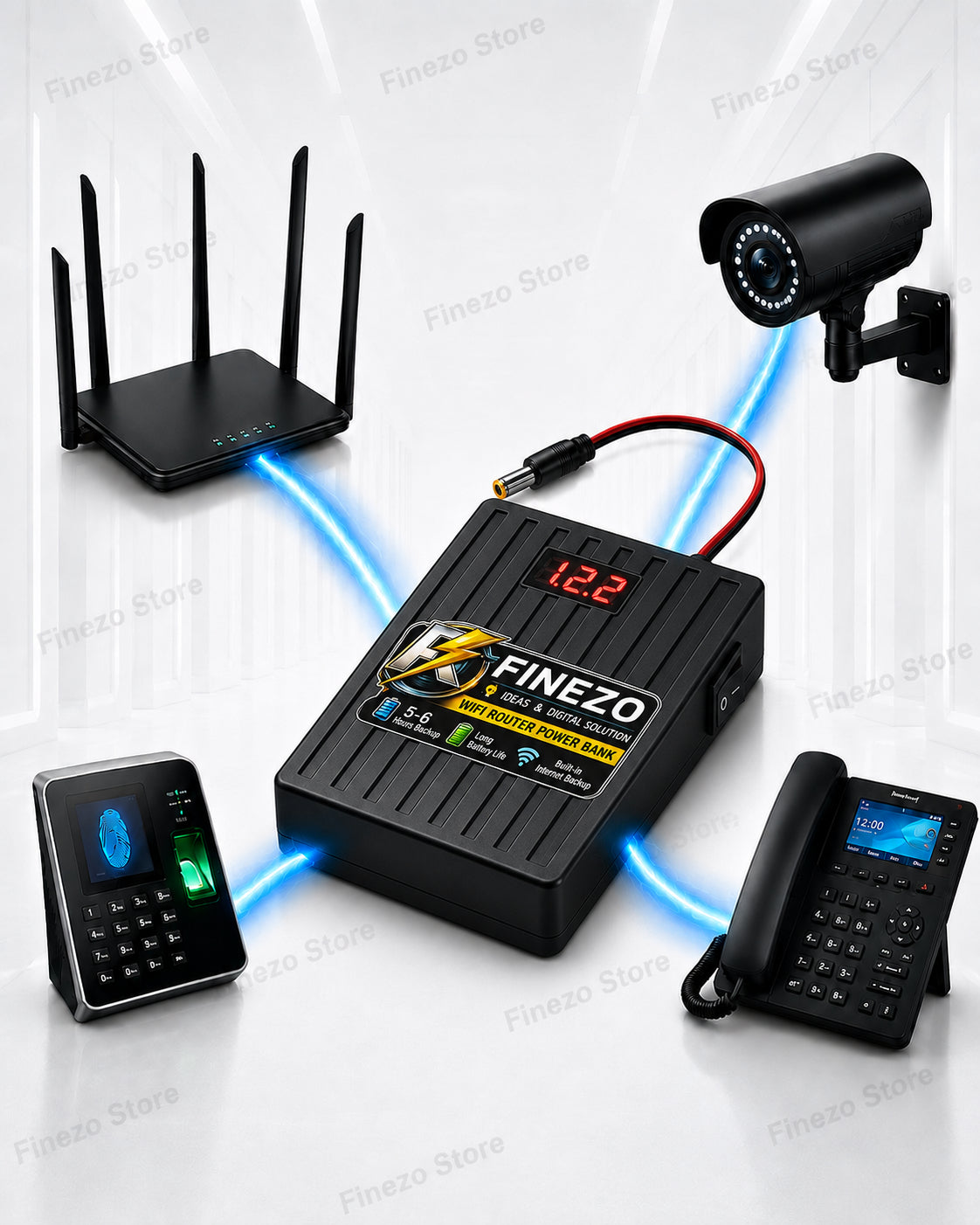Finezo 12V WiFi Router Power Bank by Afraz – Portable Mini UPS with LED Digital Voltage Display | 5-6 Hours Battery Backup for Uninterrupted Internet