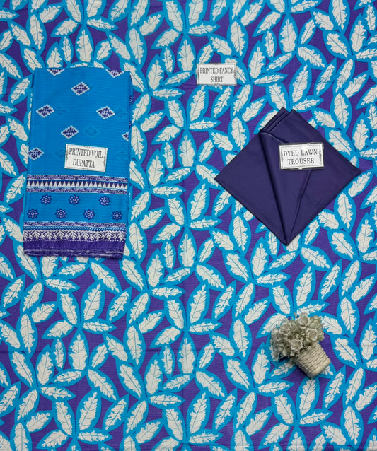 Bareeze Premium Unstitched 3-Piece Lawn Suit — Printed Fancy Shirt, Fancy Dupatta & Dyed Trouser