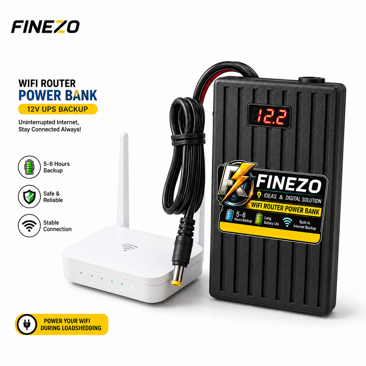 Finezo 12V WiFi Router Power Bank by Afraz – Portable Mini UPS with LED Digital Voltage Display | 5-6 Hours Battery Backup for Uninterrupted Internet