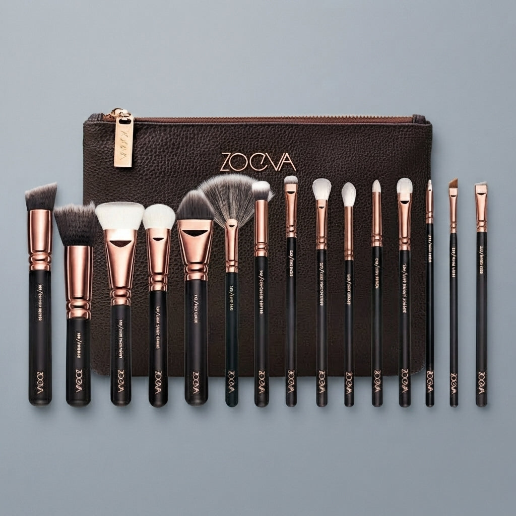 Zoeva Premium 15-Pcs Makeup Brushes Set with Pouch — Professional Face & Eye Cosmetic Tools (Random Color)