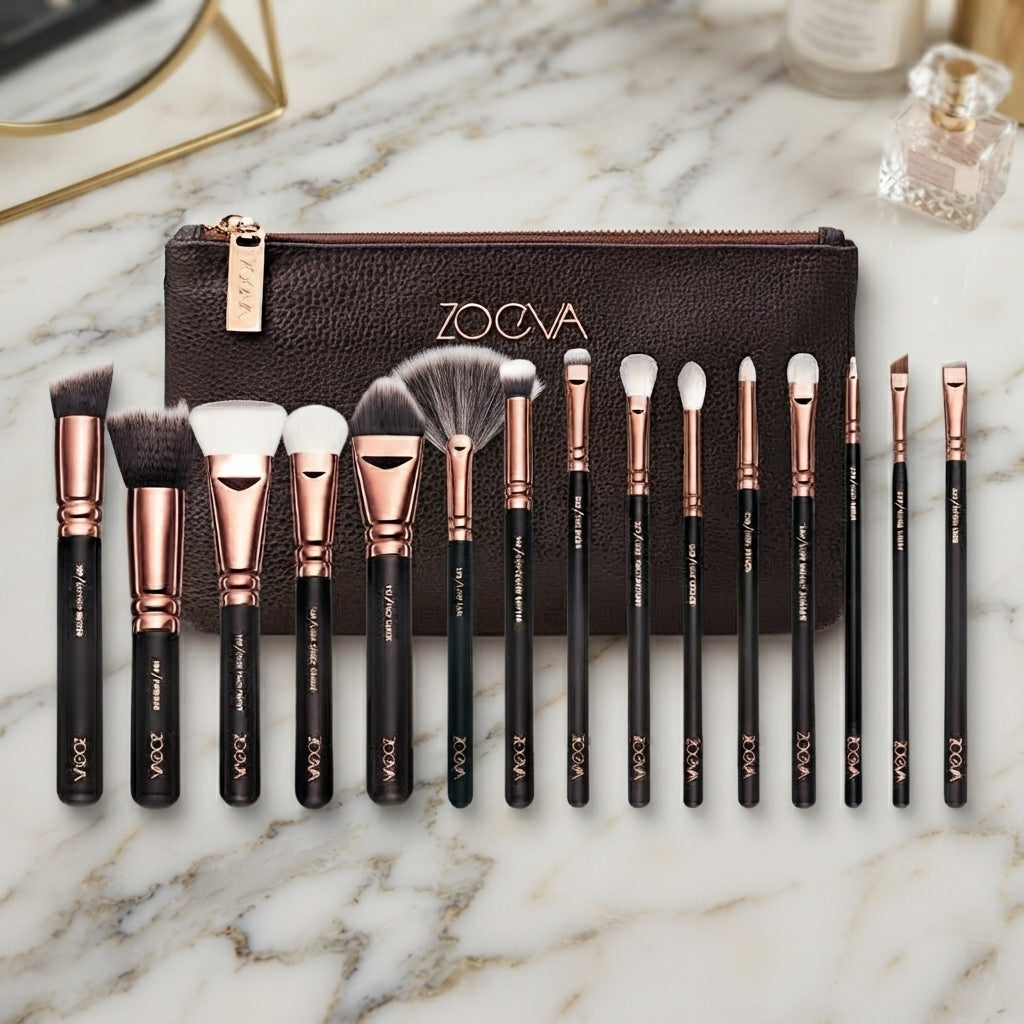 Zoeva Premium 15-Pcs Makeup Brushes Set with Pouch — Professional Face & Eye Cosmetic Tools (Random Color)