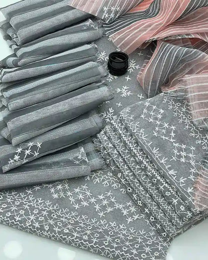 2 pieces dress. Khaadi net handwork chawal sitata Front Full Embroidered Shirt. Organza Net Embroidery Dupatta. Buy now from AFRAZ.pk | Silver Gray