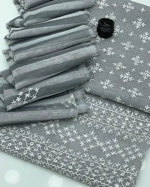 2 pieces dress. Khaadi net handwork chawal sitata Front Full Embroidered Shirt. Organza Net Embroidery Dupatta. Buy now from AFRAZ.pk | Silver Gray 4