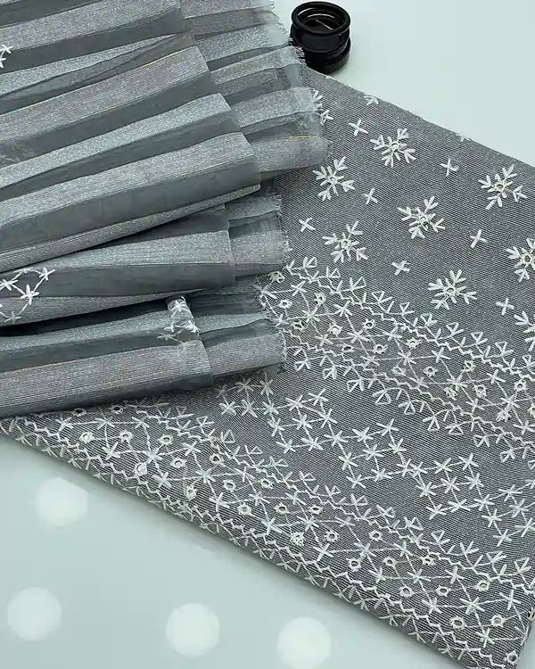 2 pieces dress. Khaadi net handwork chawal sitata Front Full Embroidered Shirt. Organza Net Embroidery Dupatta. Buy now from AFRAZ.pk | Silver Gray 5