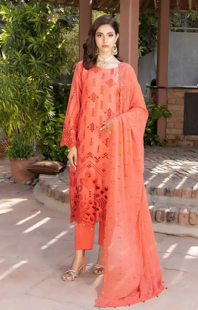 3 PIECE |  Lawn/Schiffli Shirt | Lawn Trousers |  Schiffli Chiken Pure Dupatta | AFRAZ