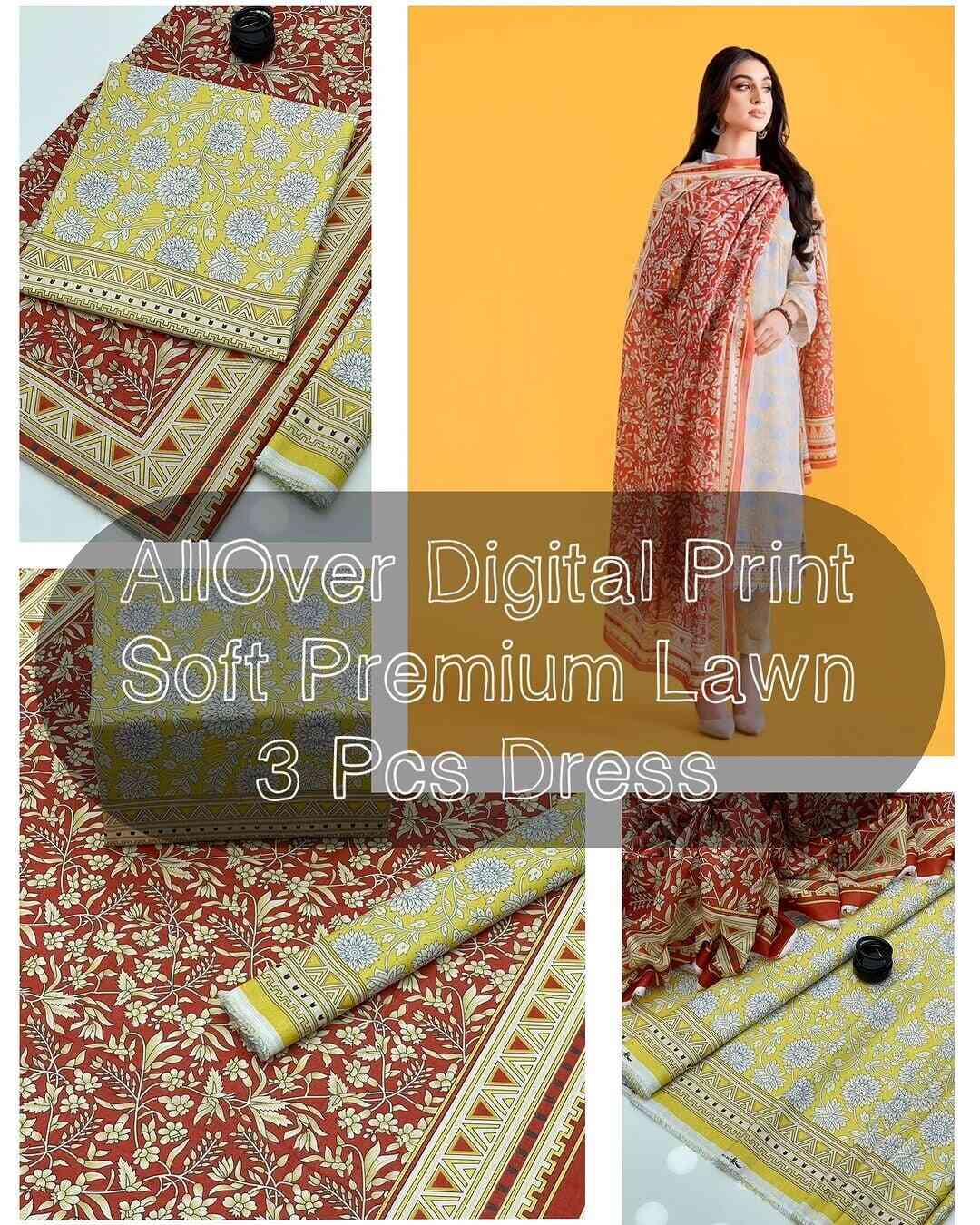 Premium Lawn Digital Print Shirt &amp; Same Trouser Along With Digital Print Lawn Dupatta 3 Pcs Un-Stitched Dress 👗 | AFRAZ