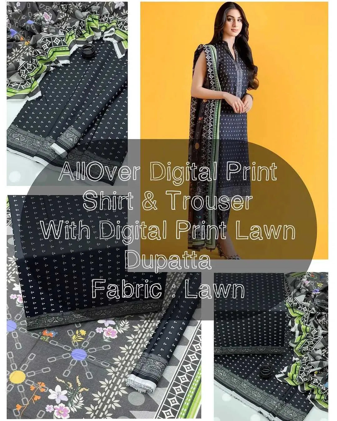 Premium Lawn Digital Print Shirt &amp; Same Trouser Along With Digital Print Lawn Dupatta 3 Pcs Un-Stitched Dress | Black | AFRAZ