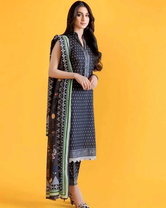 Premium Lawn Digital Print Shirt &amp; Same Trouser Along With Digital Print Lawn Dupatta 3 Pcs Un-Stitched Dress | Black | AFRAZ