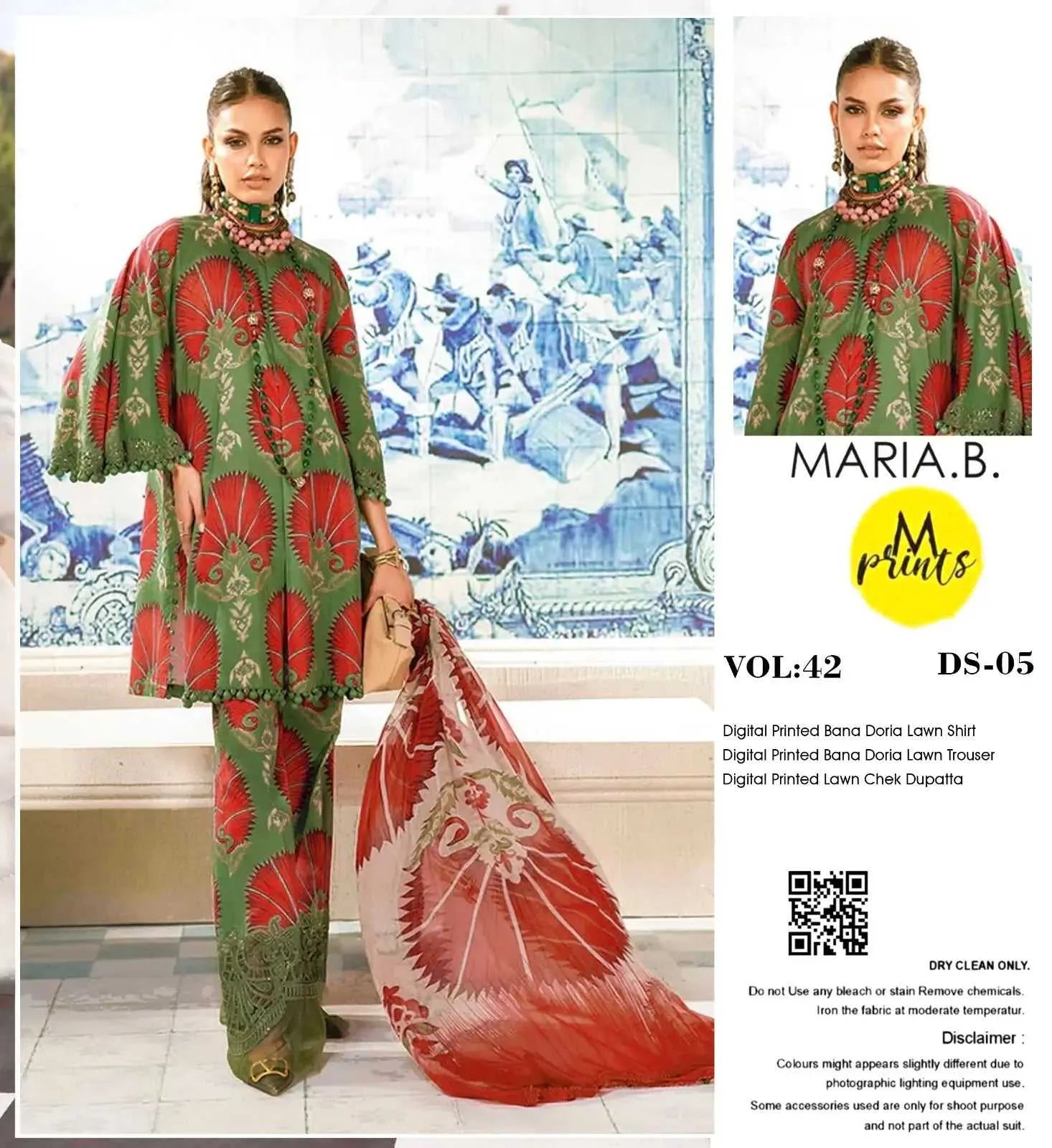 Maria b. Green . Elegant 3-Piece Digital Printed Bana Doria . Available in 8 awesome colors | AFRAZ