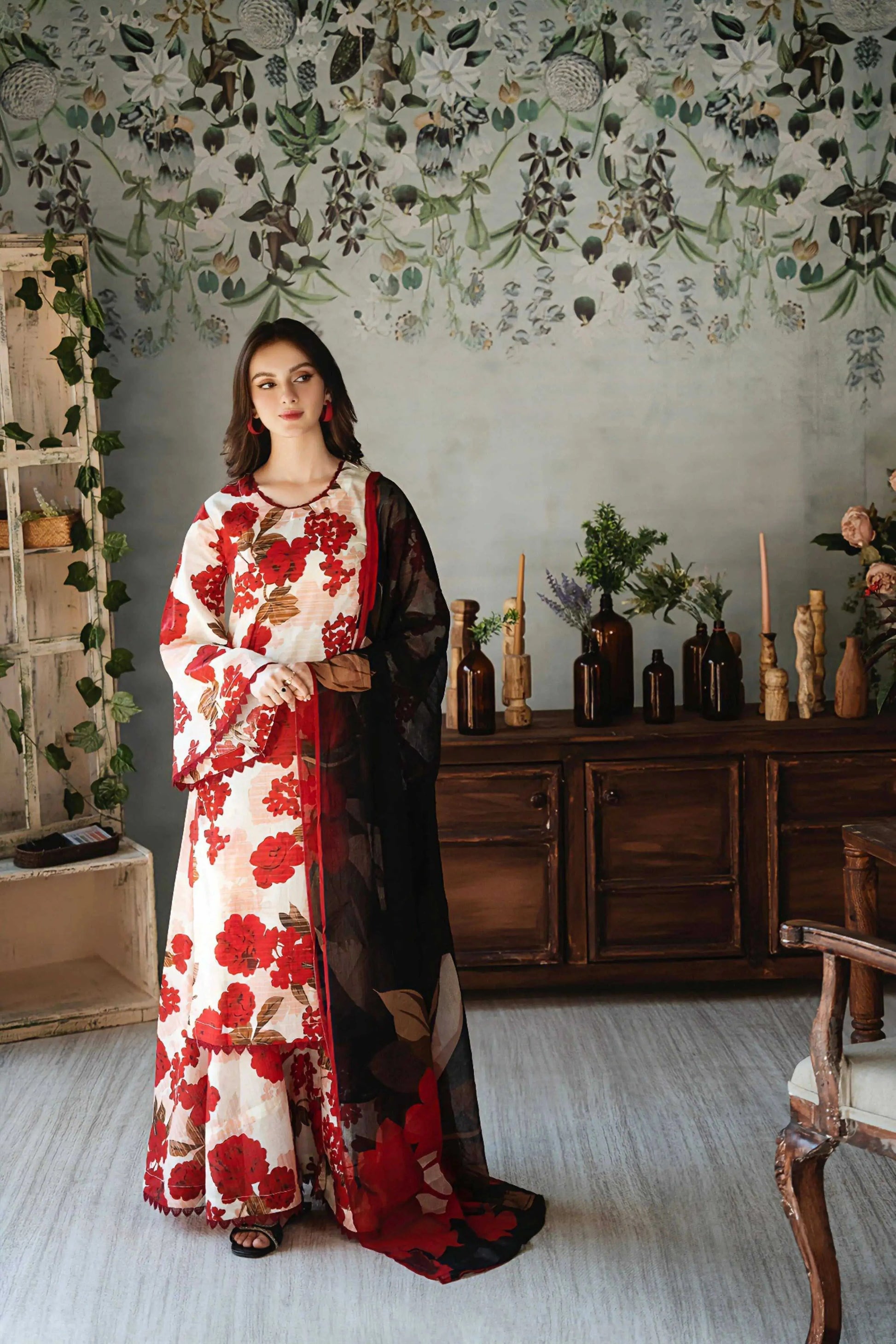 3 PC | Digital Print Lawn | 10 Colors | AFRAZ | Red