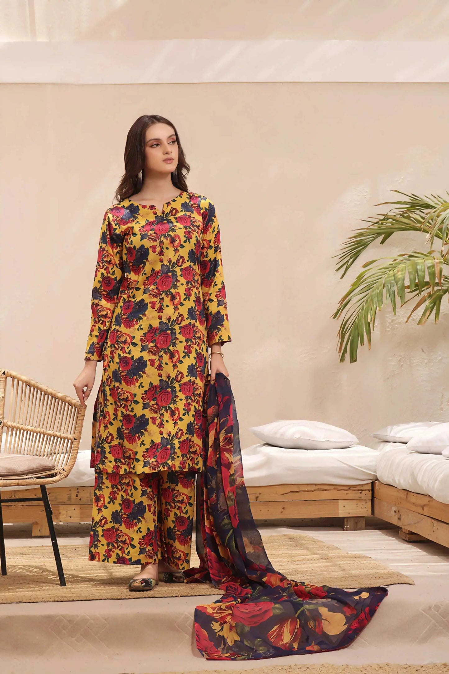 3 PC | Digital Print Lawn | 10 Colors | AFRAZ | Yellow