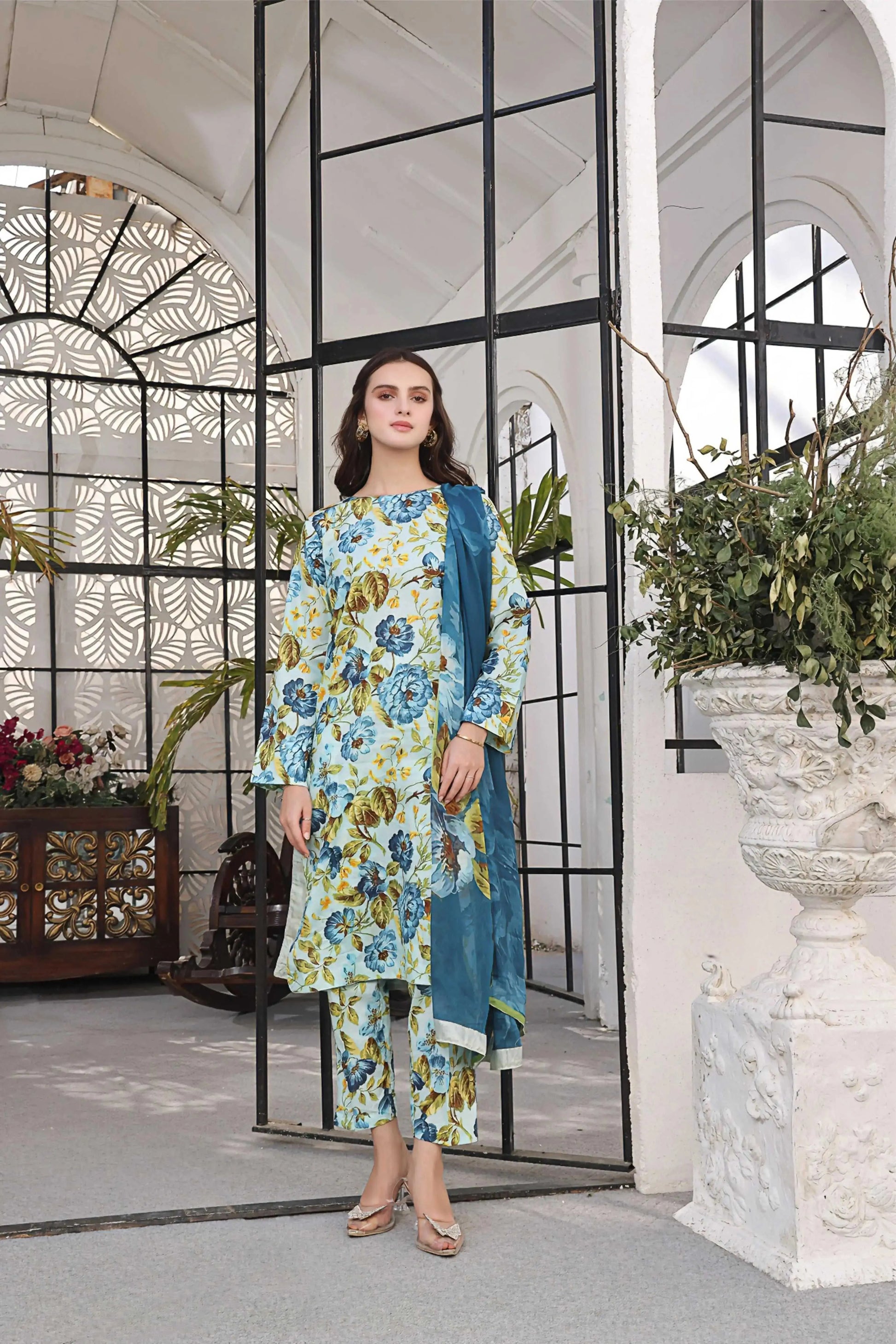 3 PC | Digital Print Lawn | 10 Colors | AFRAZ |  Blue-Green