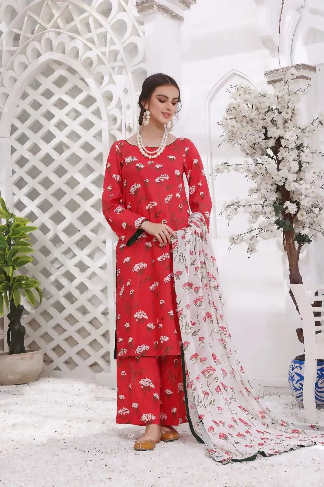 3 PC | Digital Print Lawn | 10 Colors | AFRAZ | Red