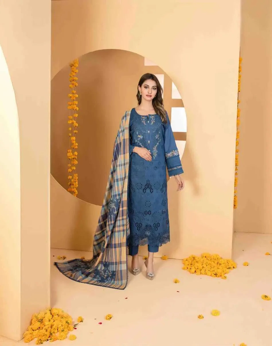 3 PC | Lawn Shirt | Cotton Shalwar | Fancy Dupatta | Embroidered | Blue | AFRAZ