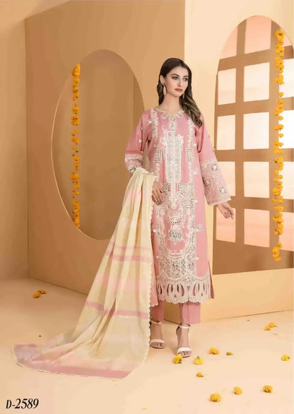 3 PC | Lawn Shirt | Cotton Shalwar | Fancy Dupatta | Embroidered | Pink | AFRAZ