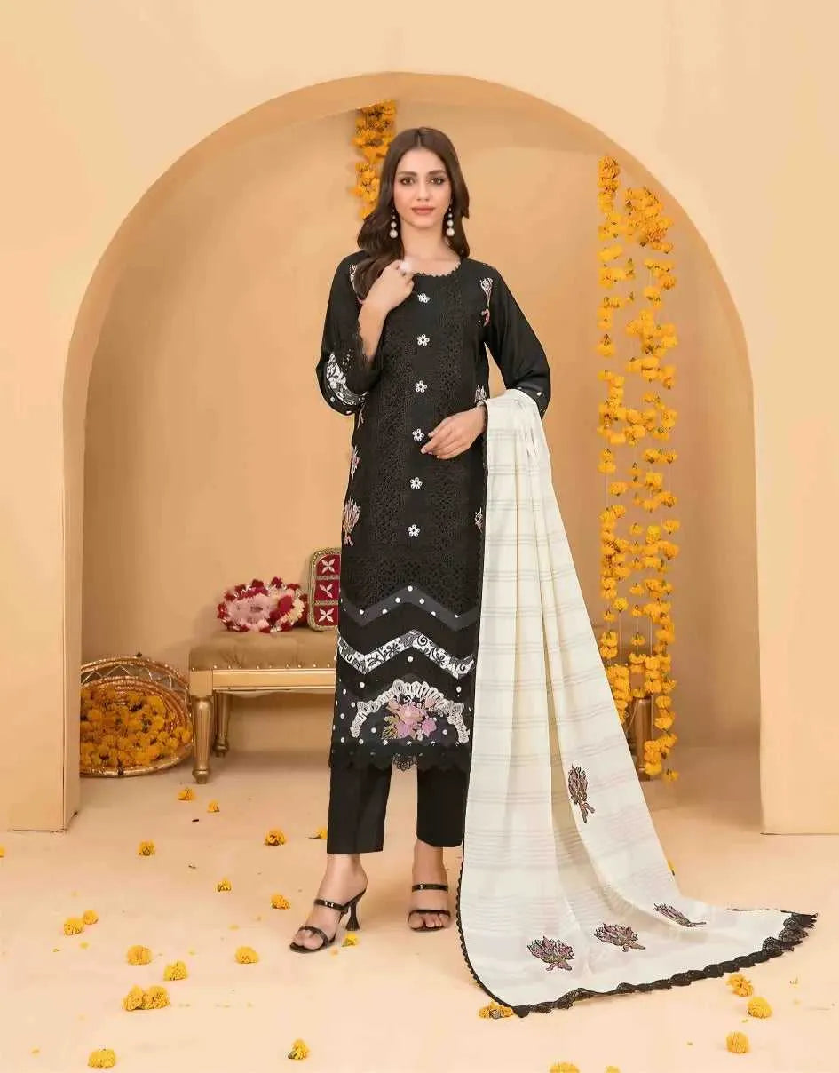 3 PC | Lawn Shirt | Cotton Shalwar | Fancy Dupatta | Embroidered | Black | AFRAZ