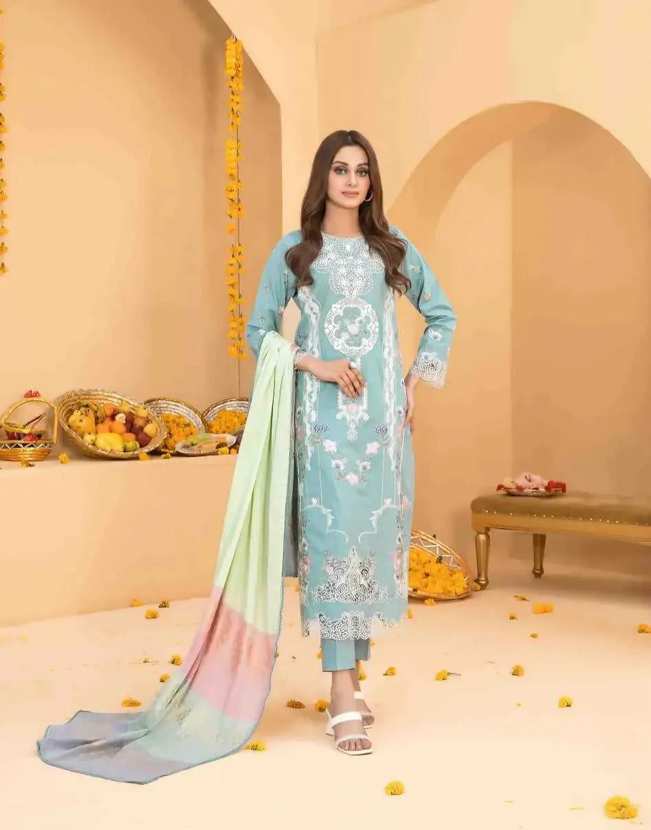 3 PC | Lawn Shirt | Cotton Shalwar | Fancy Dupatta | Embroidered | AFRAZ