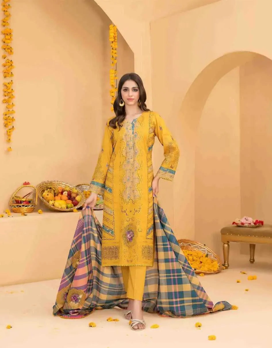 3 PC | Lawn Shirt | Cotton Shalwar | Fancy Dupatta | Embroidered | Yellow | AFRAZ