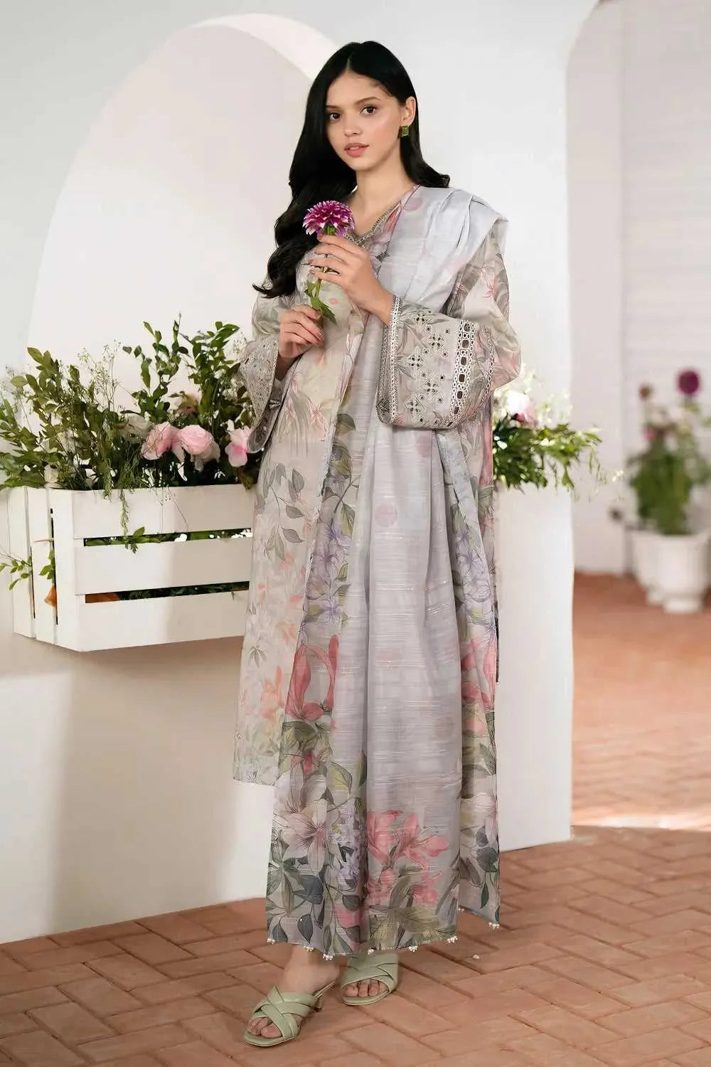 Elegant 3-Piece Digital Print Lawn for women. Light Gray color .Available in 10 awesome colors | AFRAZ