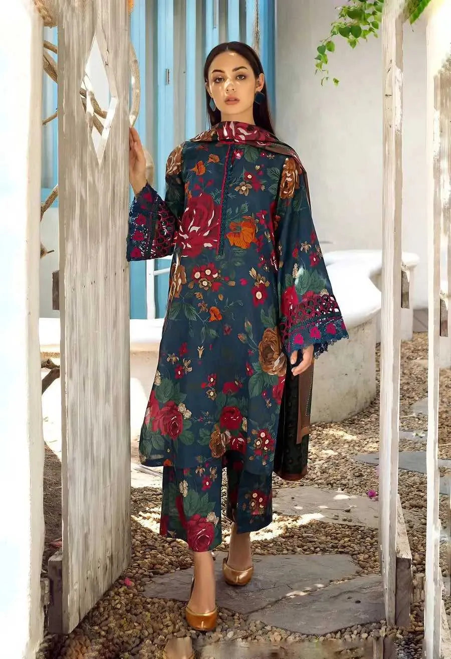 Elegant 3-Piece Digital Print Lawn for women. Navy Blue .Available in 10 awesome colors | AFRAZ