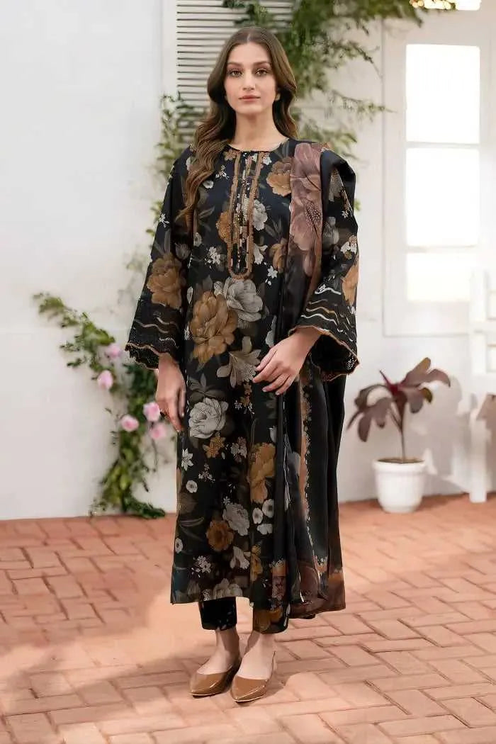 Elegant 3-Piece Digital Print Lawn for women. Brown flowers on black fabric. Available in 10 awesome colors | AFRAZ