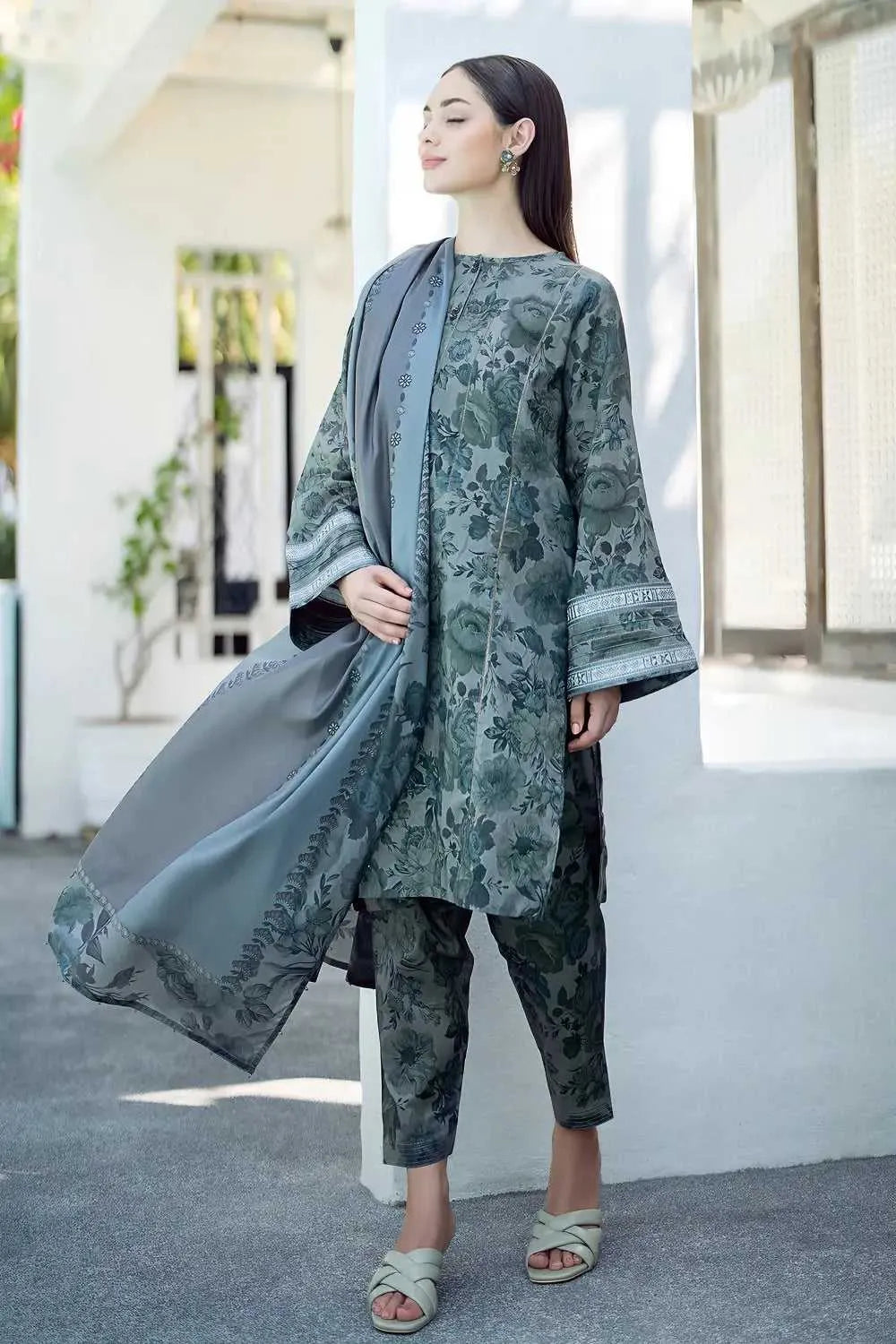 Elegant 3-Piece Digital Print Lawn for women. Blue gray color. Available in 10 awesome colors | AFRAZ