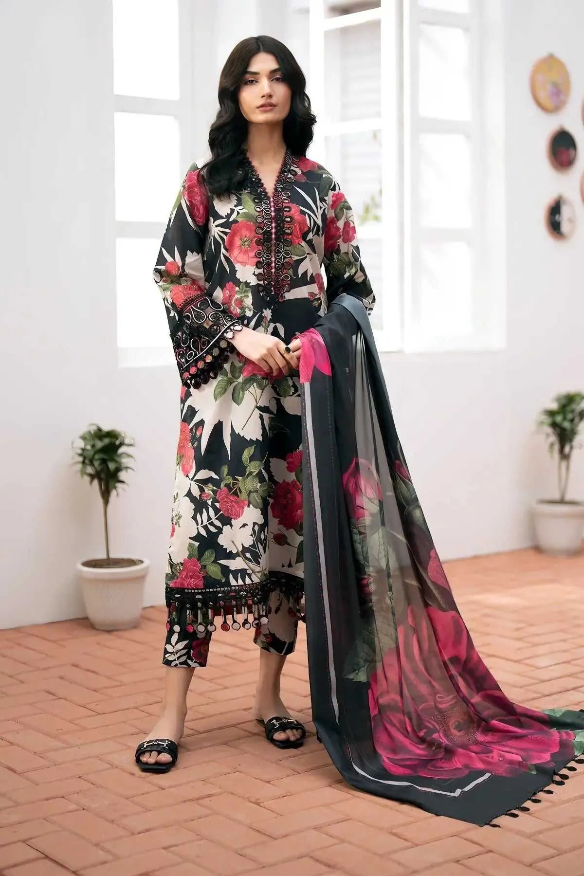 Elegant 3-Piece Digital Print Lawn for women.Black & Red. Available in 10 awesome colors | AFRAZ