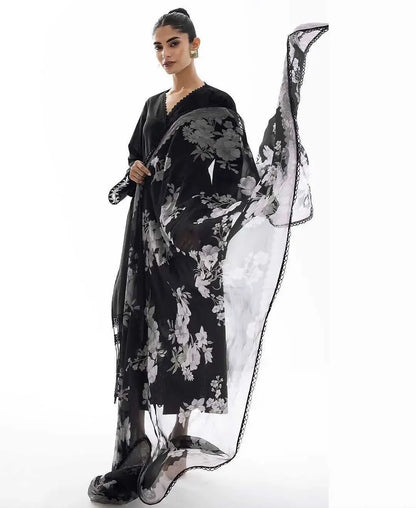 Self Black Jacquard Lawn Shirt Including Laces , Plain Black Trouser Along With Floral Print Monar Dupatta 3 Pcs Dress | AFRAZ