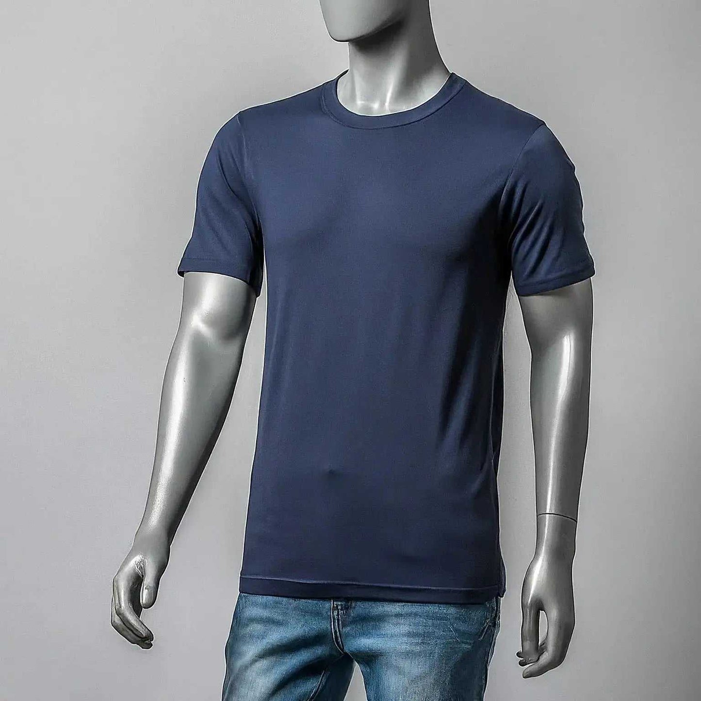 Side view of navy blue crewneck t-shirt, displaying its versatility and premium fabric. Buy from afraz.pk