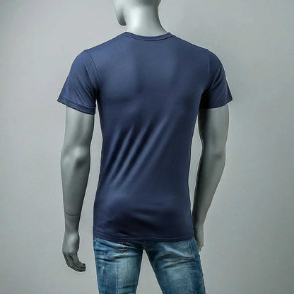 Back view of navy blue crewneck t-shirt, highlighting its simple yet stylish appearance. Buy from afraz.pk