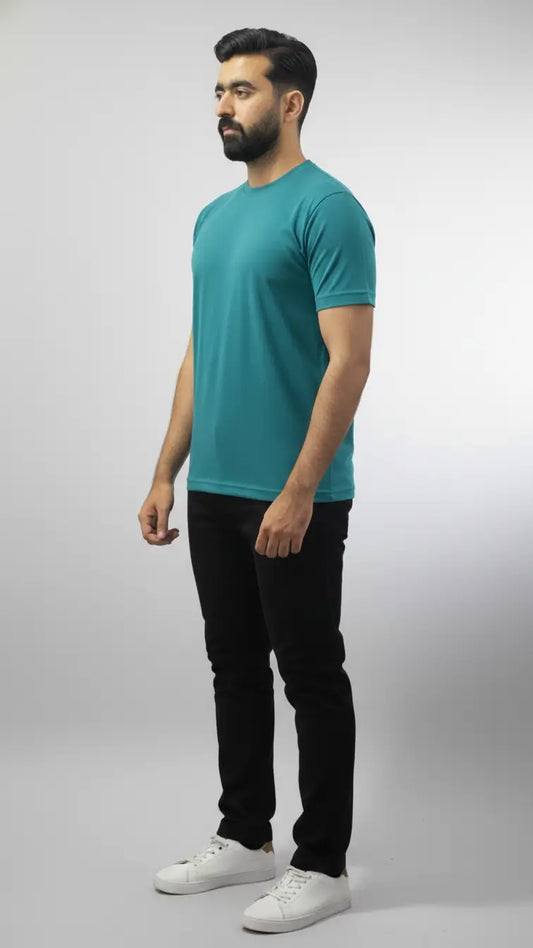 Aqua/Teal/Sea green crewneck plain t-shirt for men| Buy online Pakistan | Angled front view