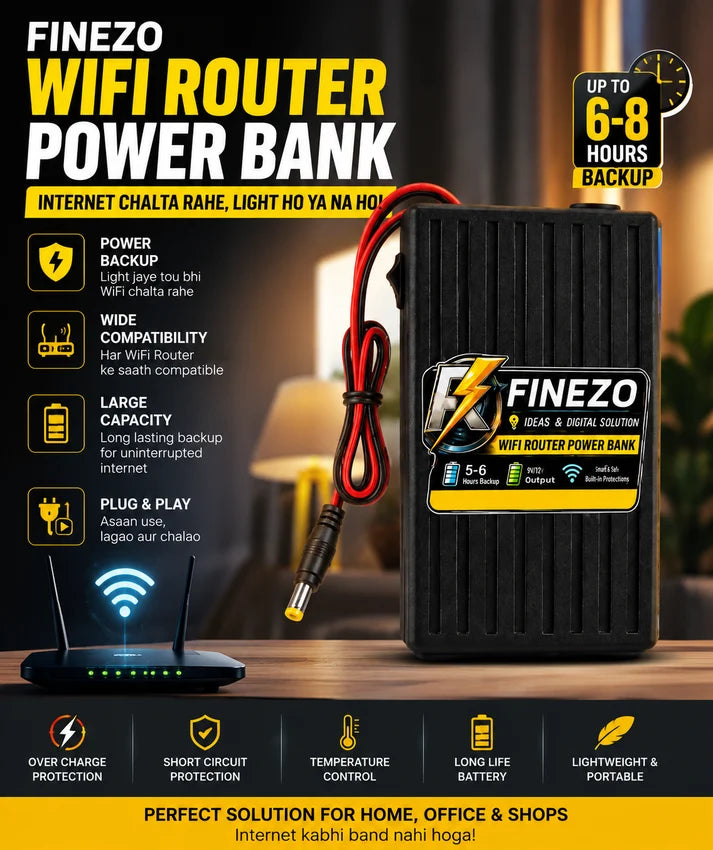 Finezo 12V WiFi Router Power Bank by Afraz – Portable Mini UPS with LED Digital Voltage Display | 5-6 Hours Battery Backup for Uninterrupted Internet