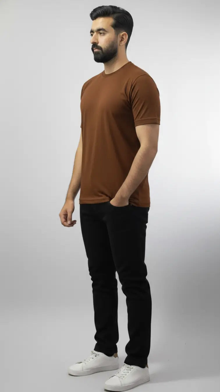 Coffee brown crewneck plain t-shirt for men| Buy online Pakistan | side view