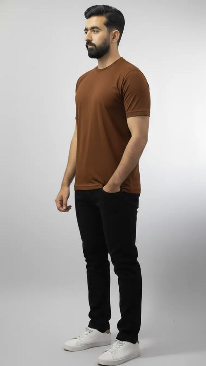 Coffee brown crewneck plain t-shirt for men| Buy online Pakistan | side view