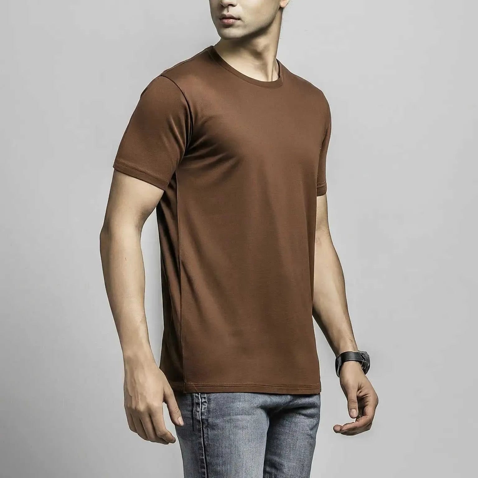 Coffee/dark brown crewneck plain t-shirt for men| Buy online Pakistan | Side view