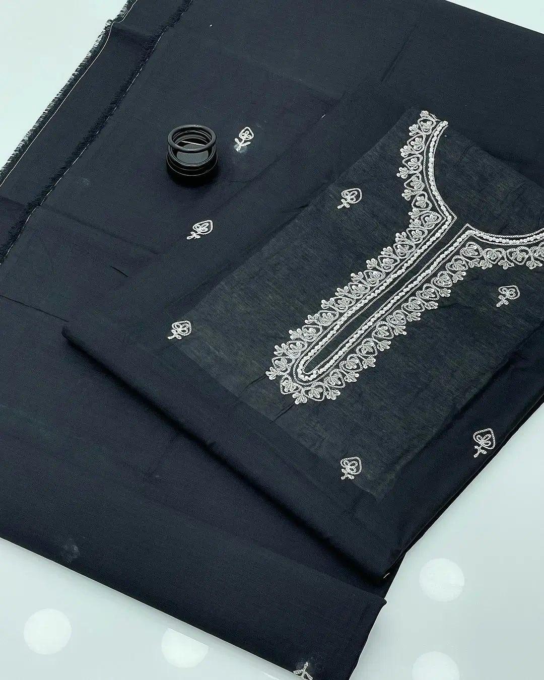 Paper Cotton Aari , Beads , Seetara & Pearl Embroidered Gala , Daman Shirt Including Embroidered Sleeves Along With Fancy Embroidered Paper Cotton Dupatta 2 Pc Dress | AFRAZ