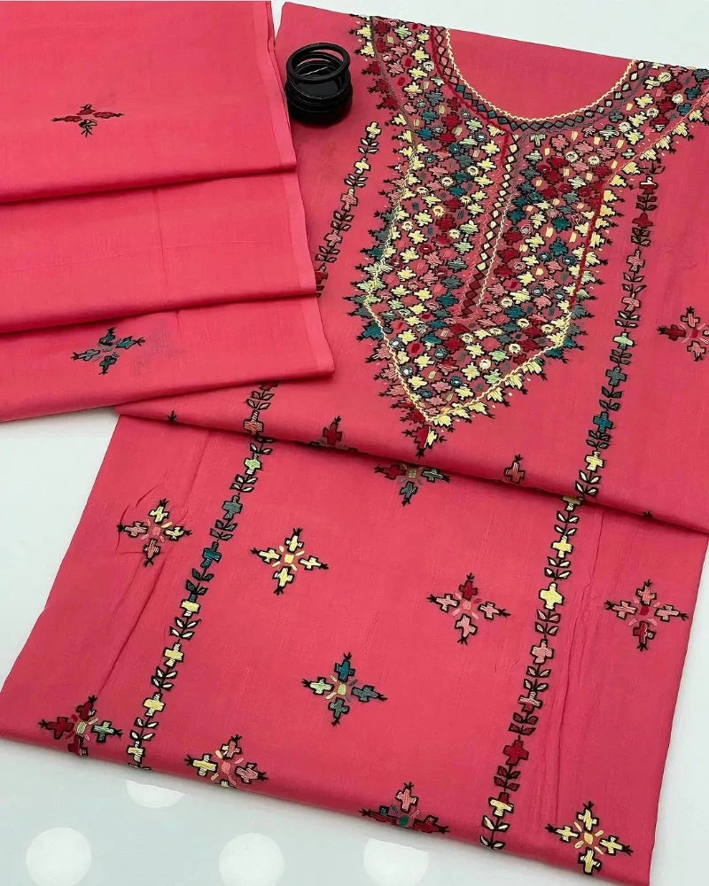 Different HandMade Embroidered Dresses 👗. Fabric : Lawn , Cotton Khaddi Khadar 3 PC Dress. | Buy online from afraz.pk | Red Color