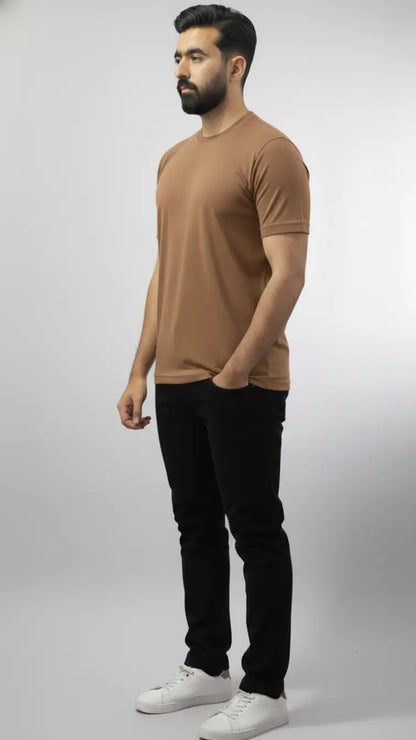 Light brown crewneck plain t-shirt for men| Buy online Pakistan | Side view | AFRAZ