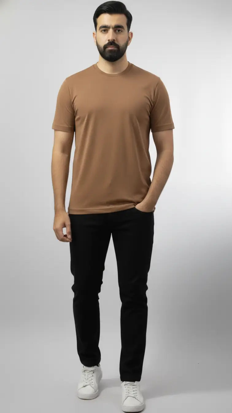 Light brown crewneck plain t-shirt for men| Buy online Pakistan | front view | AFRAZ