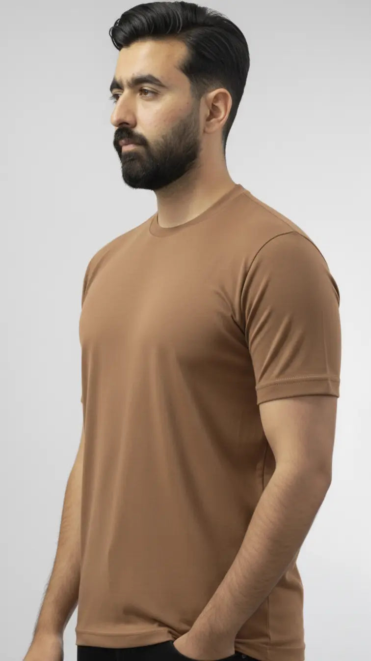 Light brown crewneck plain t-shirt for men| Buy online Pakistan | closer view | AFRAZ