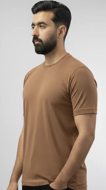 Light brown crewneck plain t-shirt for men| Buy online Pakistan | closer view | AFRAZ