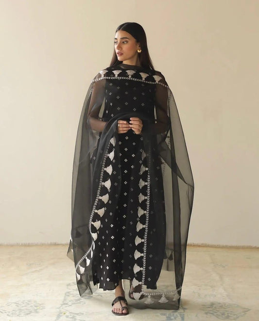 Black Embroidered Lawn 3 Piece Suit for Women with Printed Dupatta Unstitched