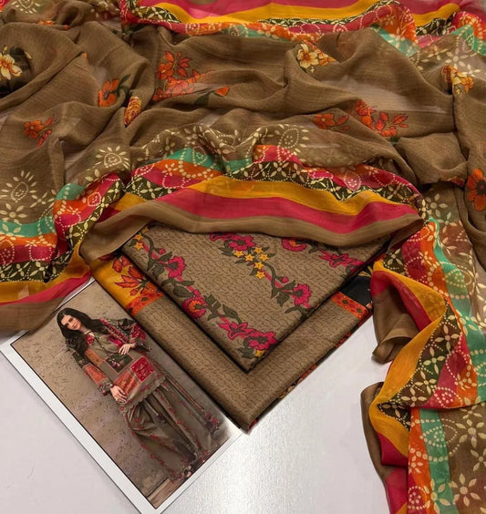 Brown Digital Print Lawn 3Pcs Set for Women