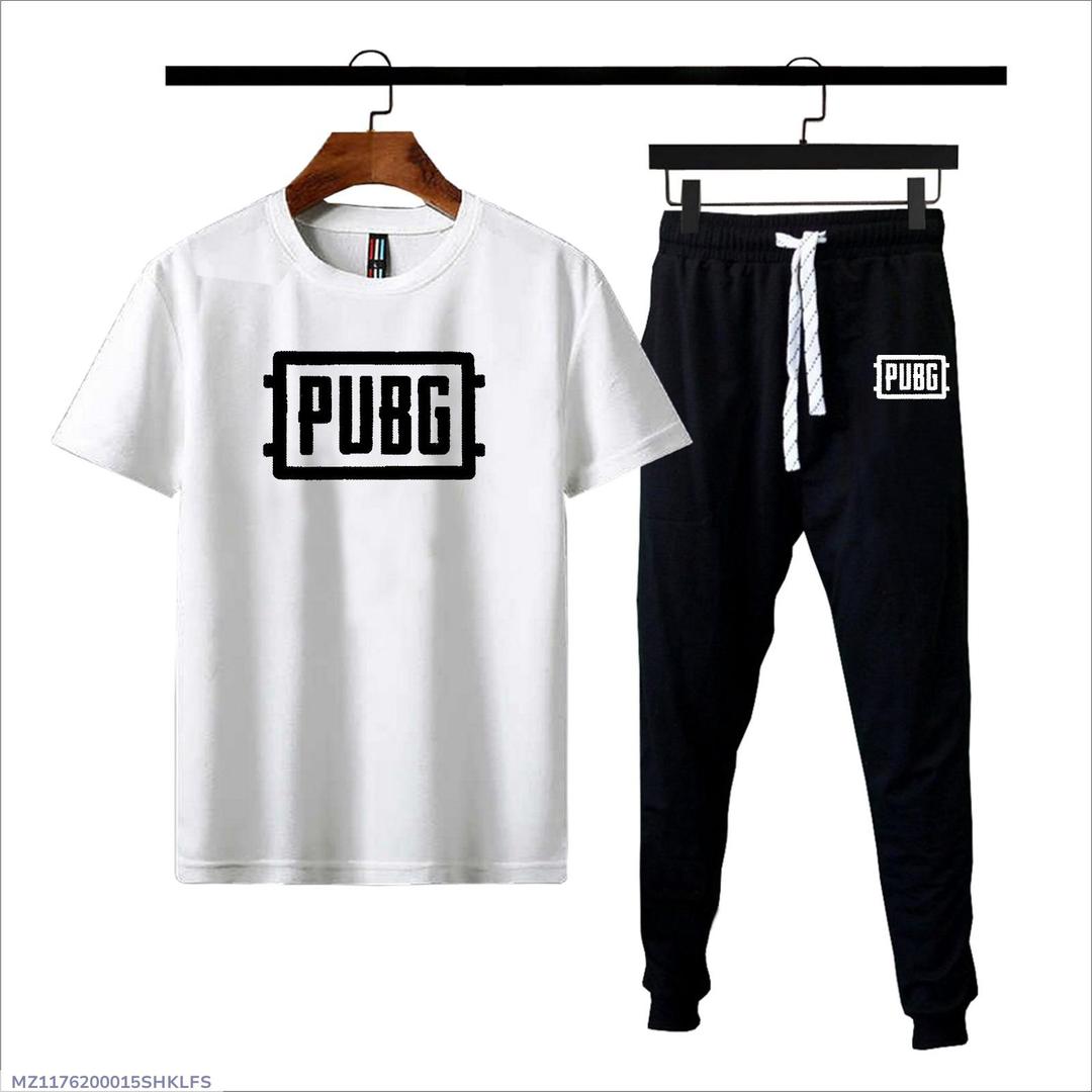 Men PUBG Printed T-Shirt & Joggers Set White Black
