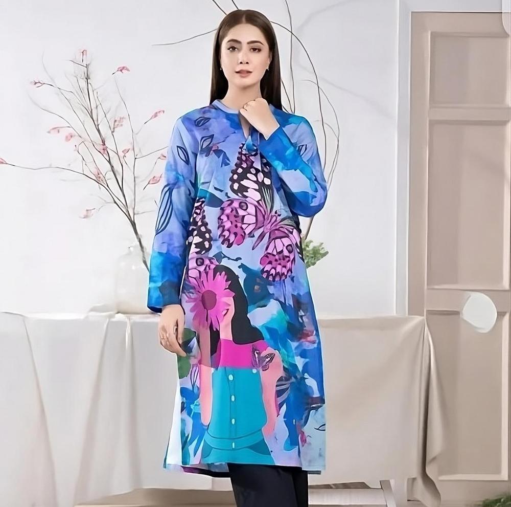1PC Printed Swiss Lawn Shirt – Butterfly Floral Design | Multicoloured Women Outfit