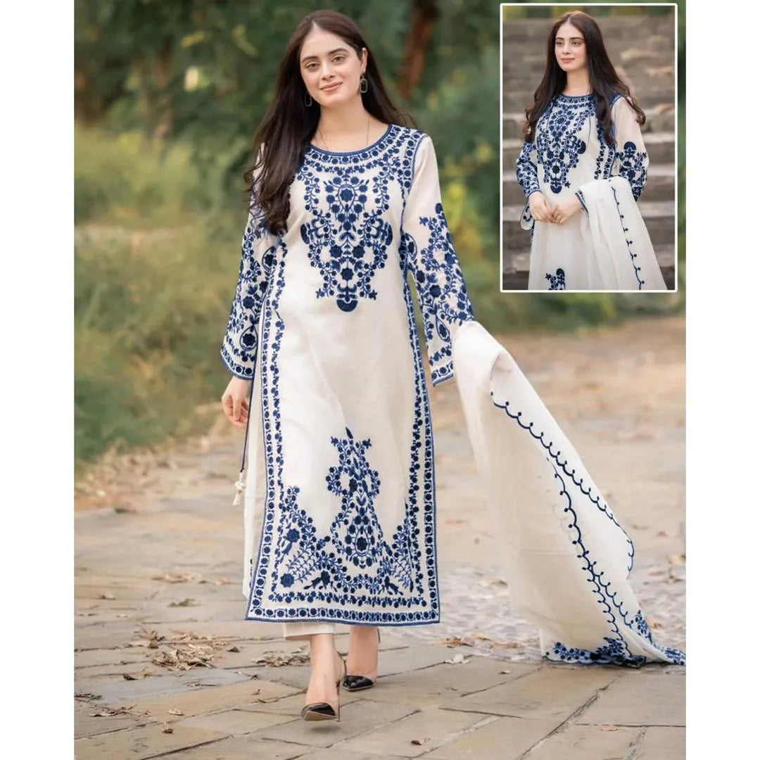 3PC |Elegant Blue Embroidered 3-Piece Suit for Women