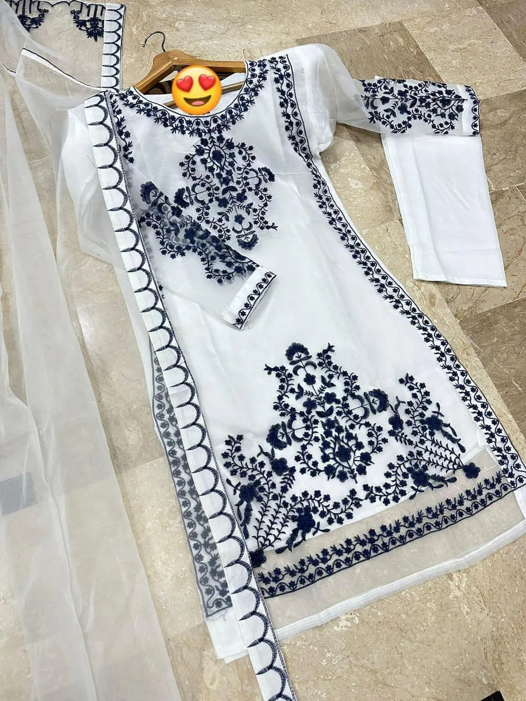 3PC |Elegant Blue Embroidered 3-Piece Suit for Women
