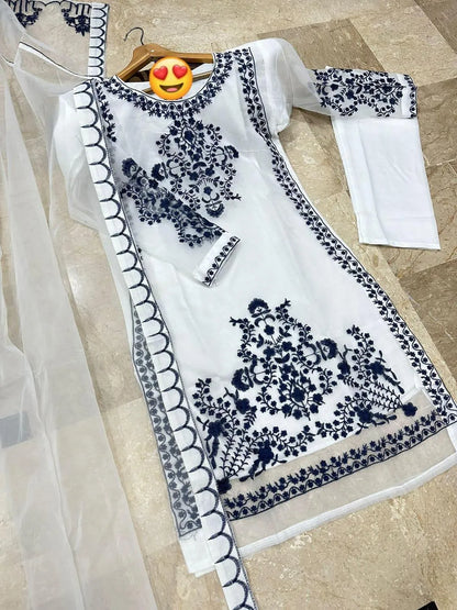 3PC |Elegant Blue Embroidered 3-Piece Suit for Women