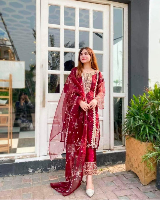 3PC | Red Organza 3-Piece Suit for Women Medium Size